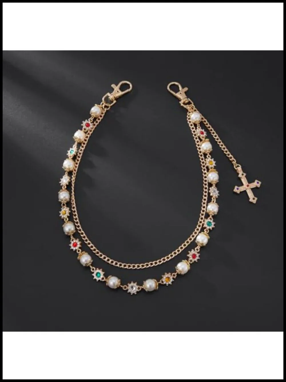 Layered Daisy Pearl Wallet Chain Keychain with Rhinestone Flower Heart Cross